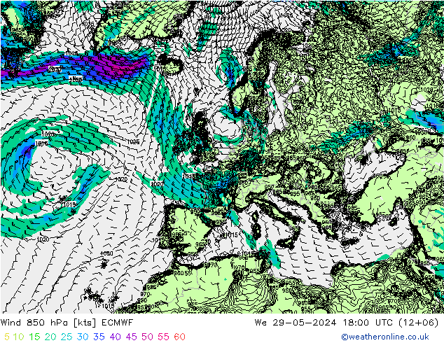 风 850 hPa ECMWF 星期三 29.05.2024 18 UTC
