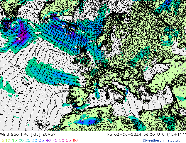 Vento 850 hPa ECMWF lun 03.06.2024 06 UTC