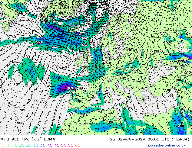 Wind 950 hPa ECMWF Su 02.06.2024 00 UTC