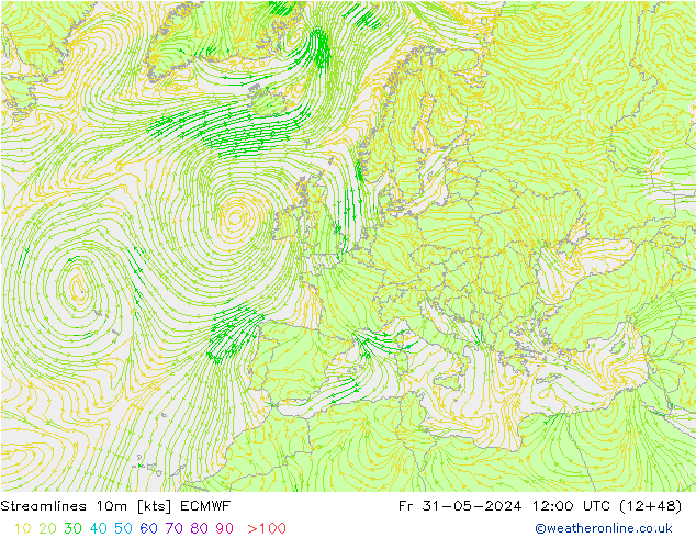 Streamlines 10m ECMWF Fr 31.05.2024 12 UTC