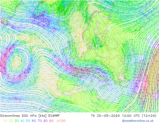 Stromlinien 200 hPa ECMWF Do 30.05.2024 12 UTC