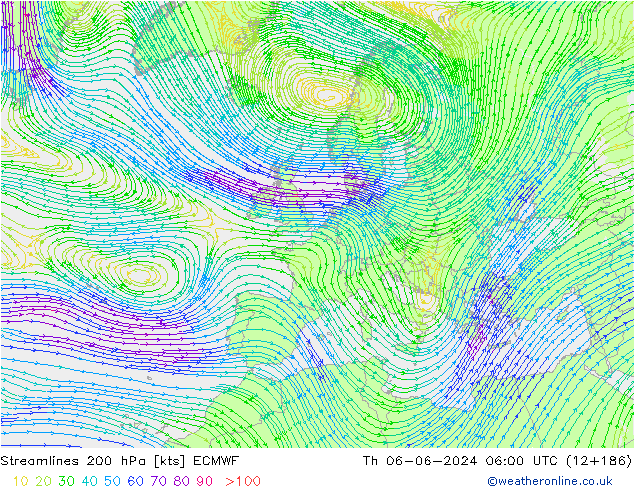Línea de corriente 200 hPa ECMWF jue 06.06.2024 06 UTC