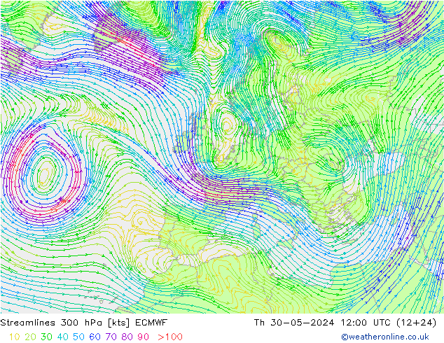 Linea di flusso 300 hPa ECMWF gio 30.05.2024 12 UTC