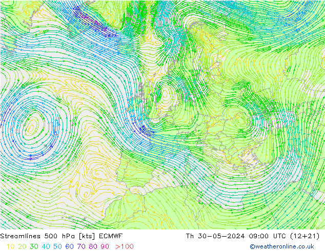 Línea de corriente 500 hPa ECMWF jue 30.05.2024 09 UTC