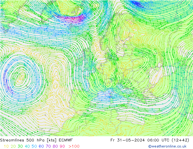 Linia prądu 500 hPa ECMWF pt. 31.05.2024 06 UTC