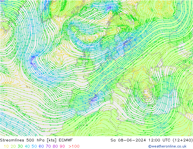 Streamlines 500 hPa ECMWF So 08.06.2024 12 UTC