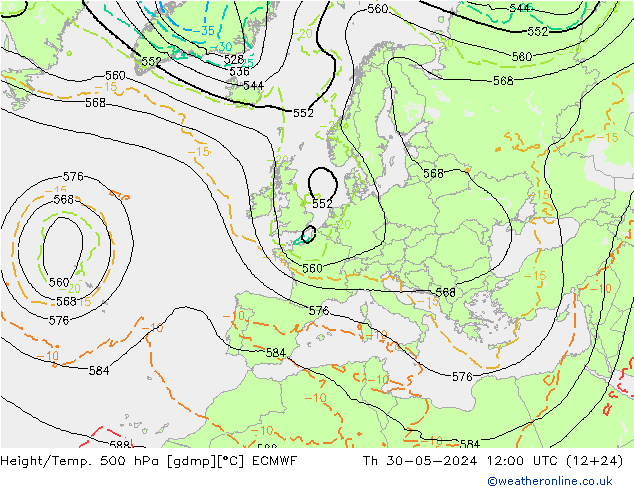 Z500/Rain (+SLP)/Z850 ECMWF jue 30.05.2024 12 UTC