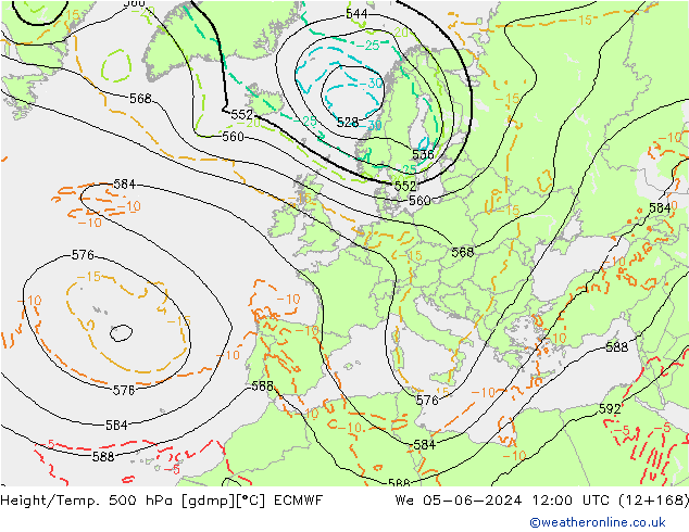 Z500/Rain (+SLP)/Z850 ECMWF Mi 05.06.2024 12 UTC