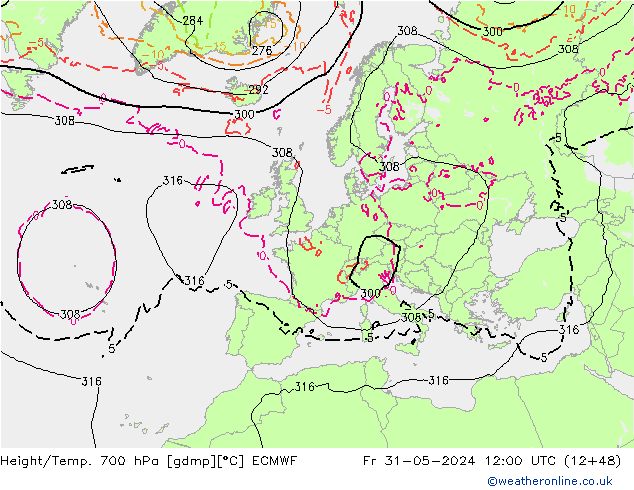 Height/Temp. 700 hPa ECMWF Fr 31.05.2024 12 UTC