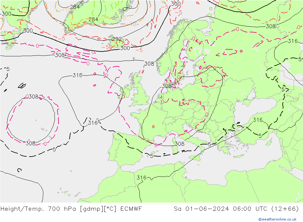 Geop./Temp. 700 hPa ECMWF sáb 01.06.2024 06 UTC