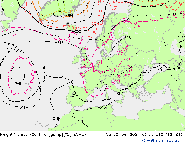 Height/Temp. 700 hPa ECMWF dom 02.06.2024 00 UTC