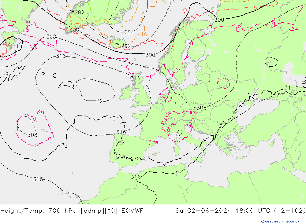 Height/Temp. 700 hPa ECMWF Ne 02.06.2024 18 UTC