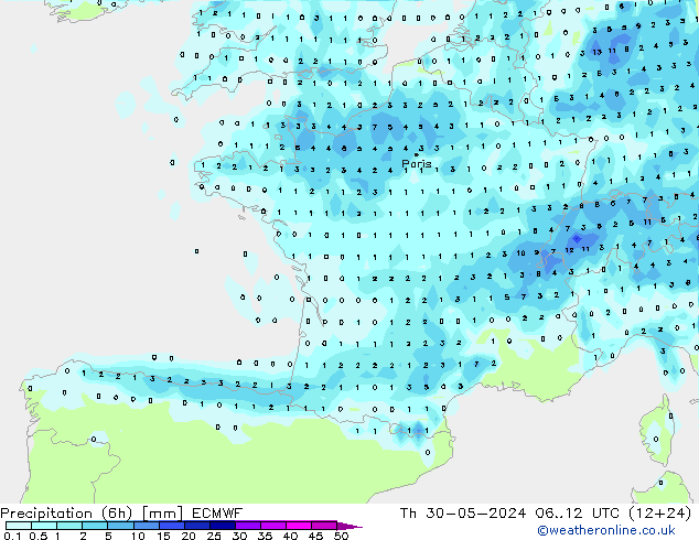 Z500/Rain (+SLP)/Z850 ECMWF Čt 30.05.2024 12 UTC