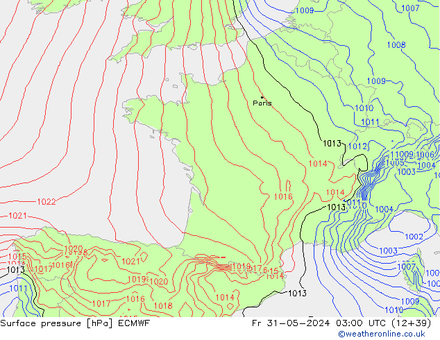 Presión superficial ECMWF vie 31.05.2024 03 UTC