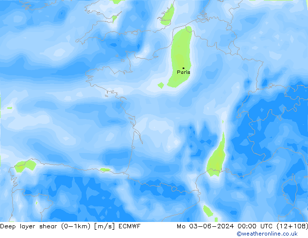 Deep layer shear (0-1km) ECMWF Seg 03.06.2024 00 UTC