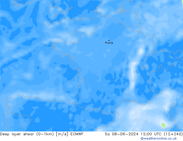 Deep layer shear (0-1km) ECMWF Sa 08.06.2024 12 UTC