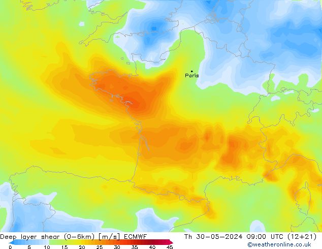 Deep layer shear (0-6km) ECMWF czw. 30.05.2024 09 UTC