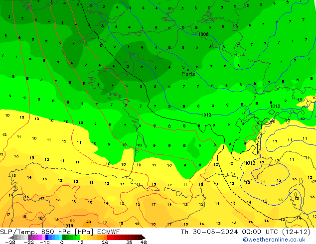 SLP/Temp. 850 гПа ECMWF чт 30.05.2024 00 UTC