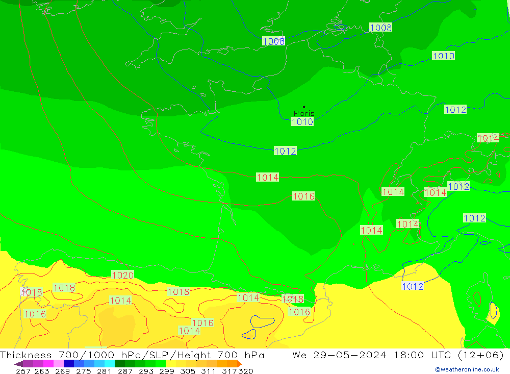 Thck 700-1000 hPa ECMWF Qua 29.05.2024 18 UTC