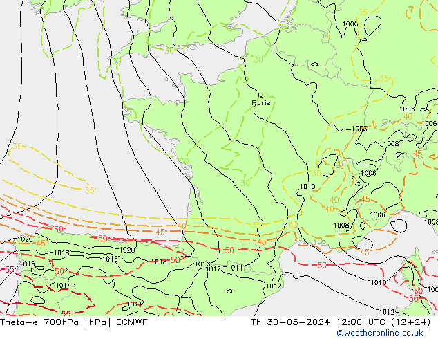 Theta-e 700hPa ECMWF Th 30.05.2024 12 UTC