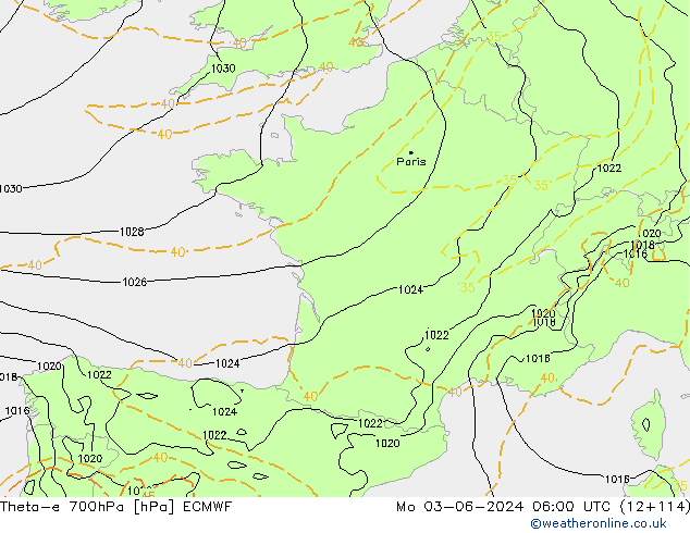 Theta-e 700hPa ECMWF Pzt 03.06.2024 06 UTC