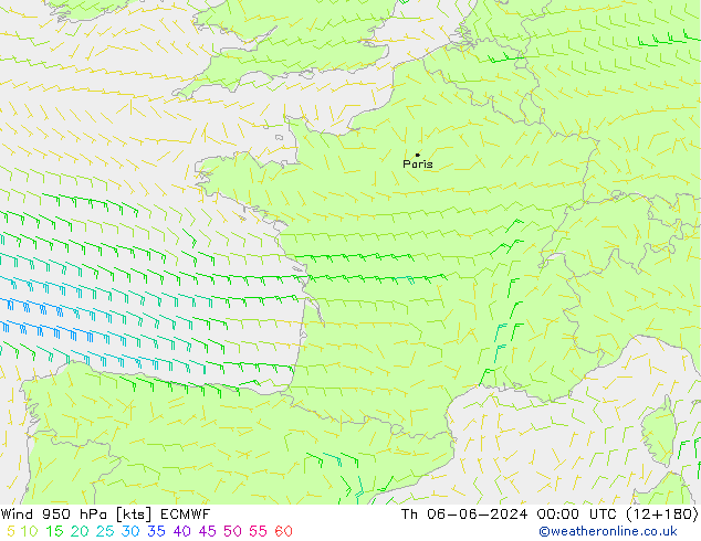 Wind 950 hPa ECMWF Čt 06.06.2024 00 UTC