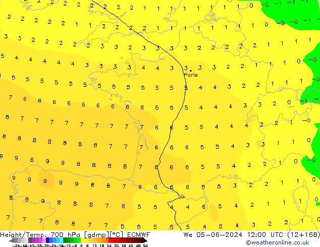 Height/Temp. 700 hPa ECMWF śro. 05.06.2024 12 UTC