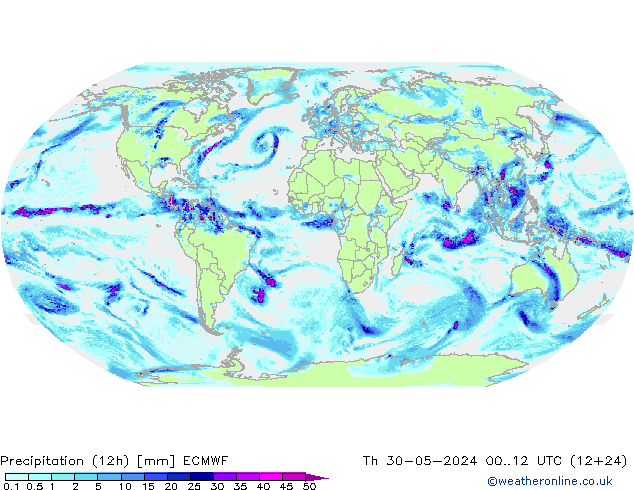 Totale neerslag (12h) ECMWF do 30.05.2024 12 UTC