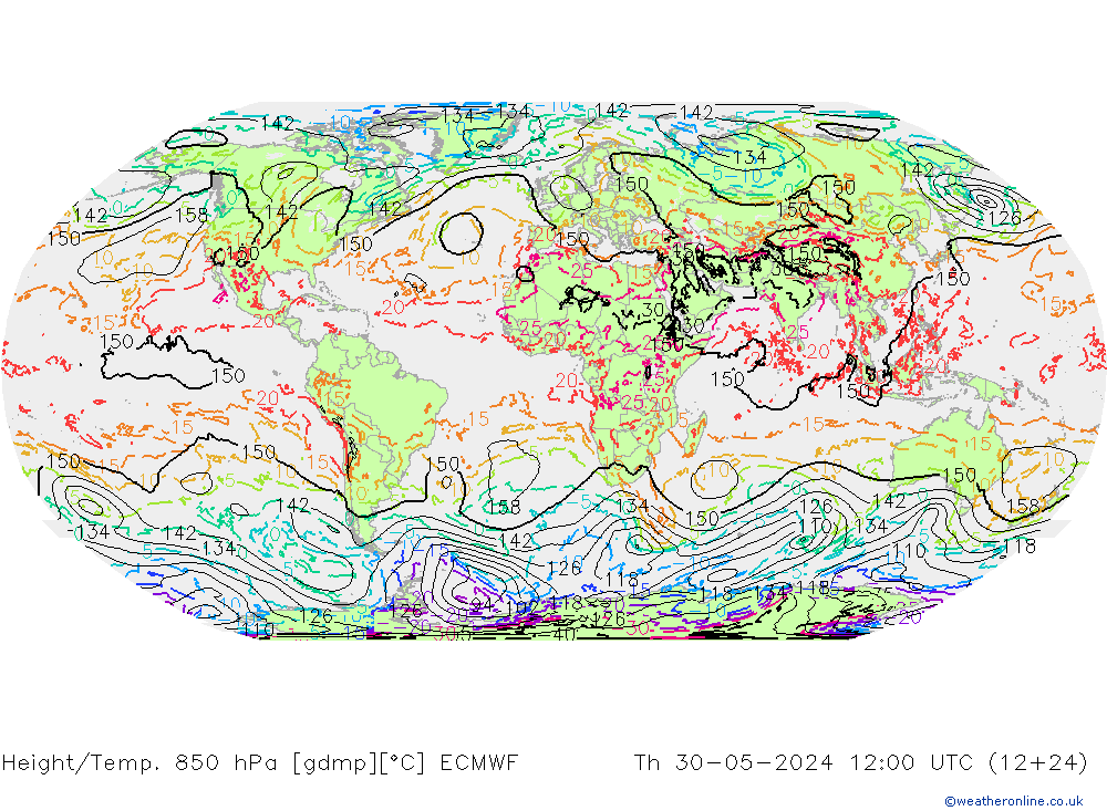 Z500/Rain (+SLP)/Z850 ECMWF Čt 30.05.2024 12 UTC