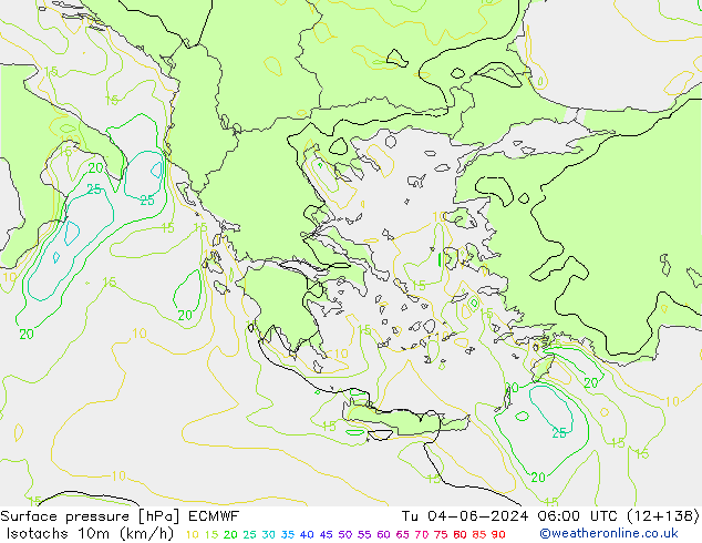 Izotacha (km/godz) ECMWF wto. 04.06.2024 06 UTC