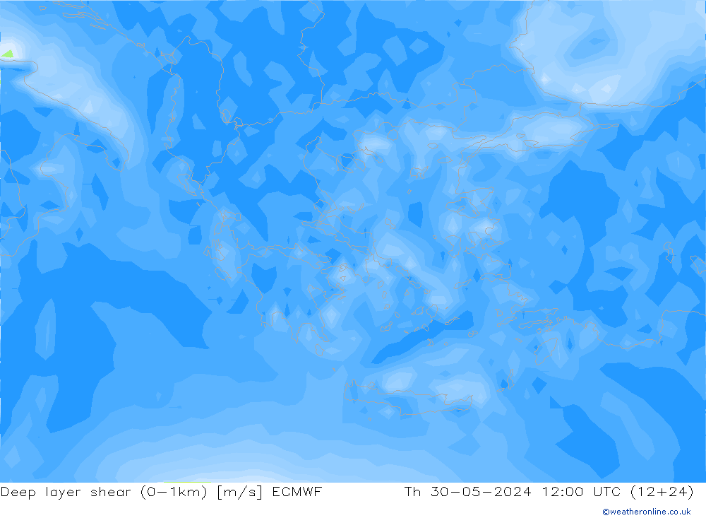 Deep layer shear (0-1km) ECMWF Čt 30.05.2024 12 UTC