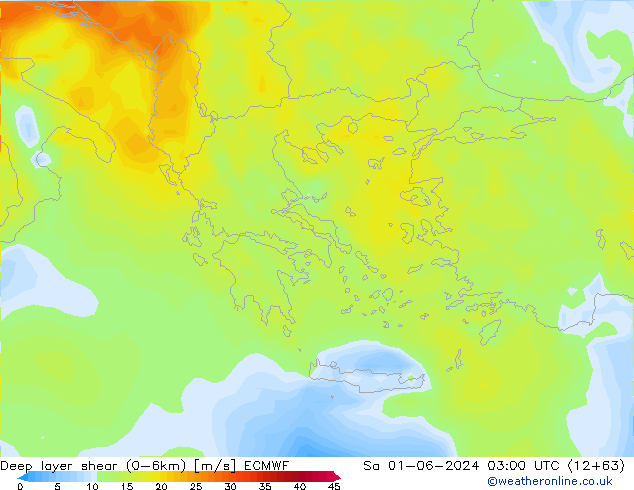 Deep layer shear (0-6km) ECMWF Sa 01.06.2024 03 UTC