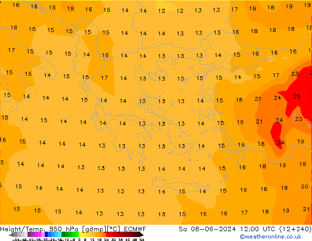 Height/Temp. 850 hPa ECMWF so. 08.06.2024 12 UTC