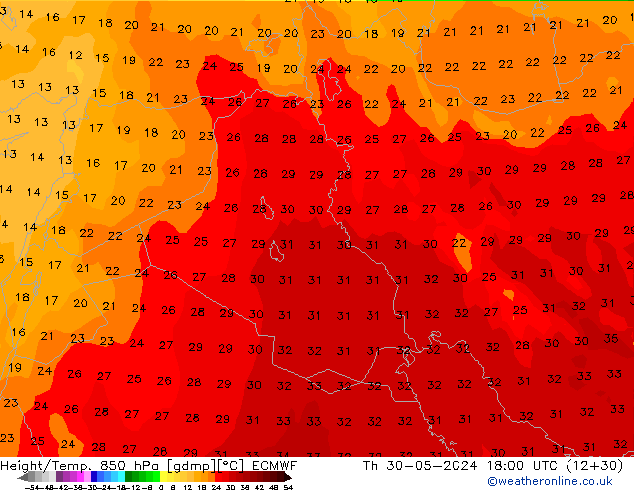 Hoogte/Temp. 850 hPa ECMWF do 30.05.2024 18 UTC