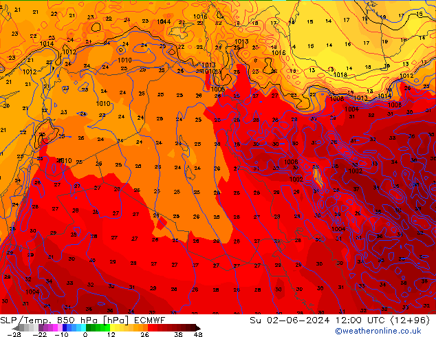 SLP/Temp. 850 гПа ECMWF Вс 02.06.2024 12 UTC