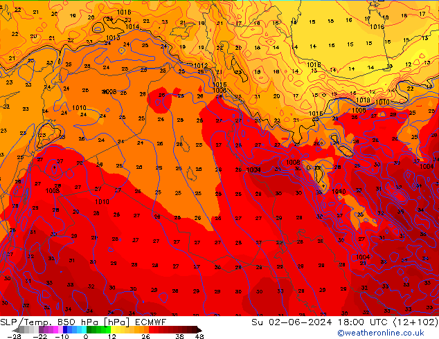 SLP/Temp. 850 hPa ECMWF  02.06.2024 18 UTC