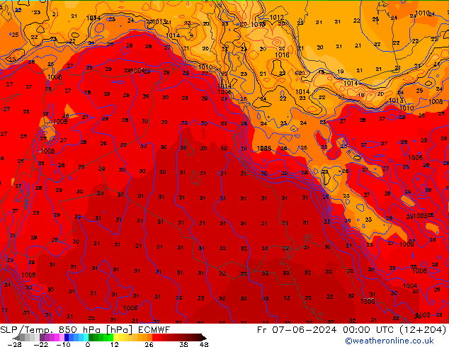 SLP/Temp. 850 hPa ECMWF Fr 07.06.2024 00 UTC