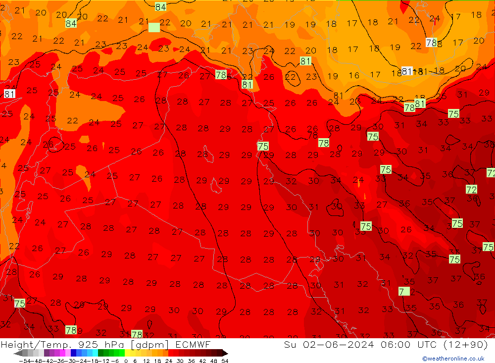 Yükseklik/Sıc. 925 hPa ECMWF Paz 02.06.2024 06 UTC