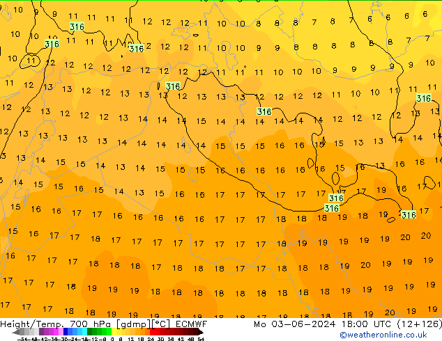 Height/Temp. 700 hPa ECMWF Mo 03.06.2024 18 UTC