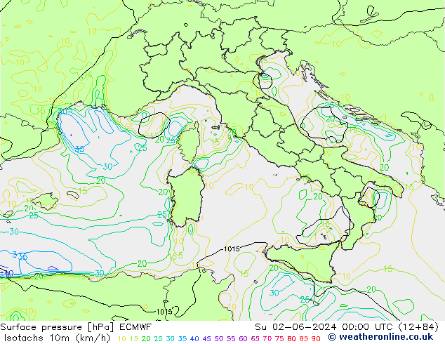 Isotachs (kph) ECMWF Dom 02.06.2024 00 UTC