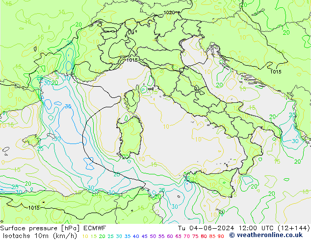 Isotachs (kph) ECMWF вт 04.06.2024 12 UTC