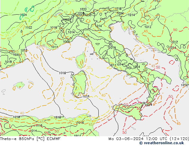 Theta-e 850hPa ECMWF Pzt 03.06.2024 12 UTC