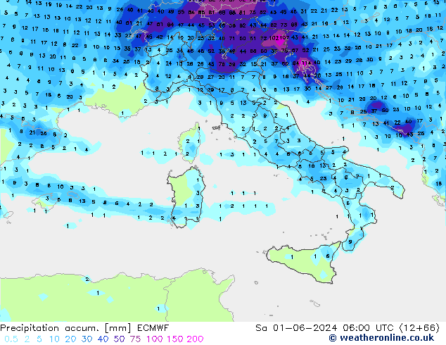 Precipitación acum. ECMWF sáb 01.06.2024 06 UTC