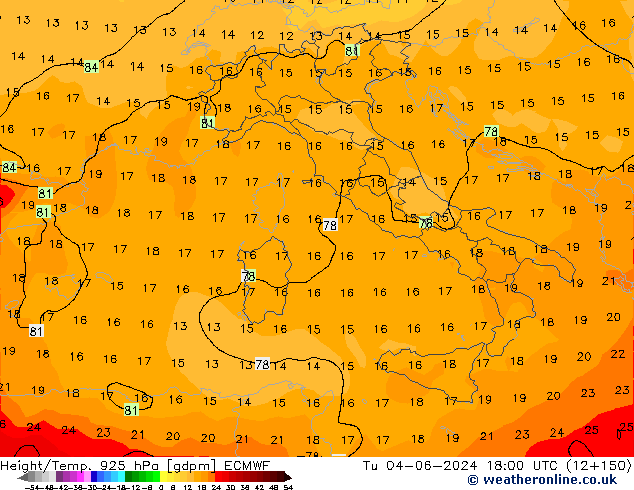 Hoogte/Temp. 925 hPa ECMWF di 04.06.2024 18 UTC