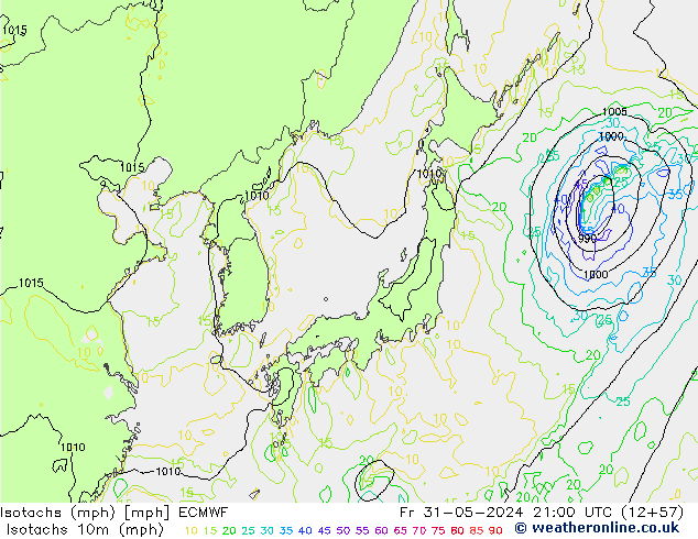 Isotachs (mph) ECMWF Pá 31.05.2024 21 UTC