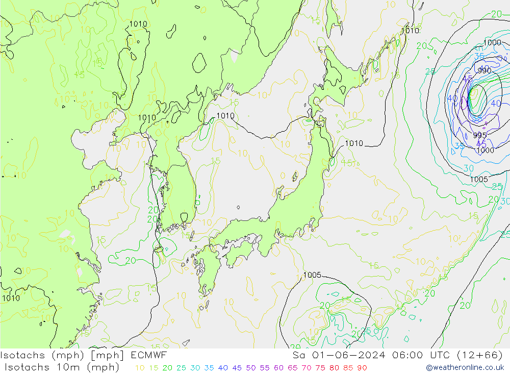 Isotachs (mph) ECMWF сб 01.06.2024 06 UTC