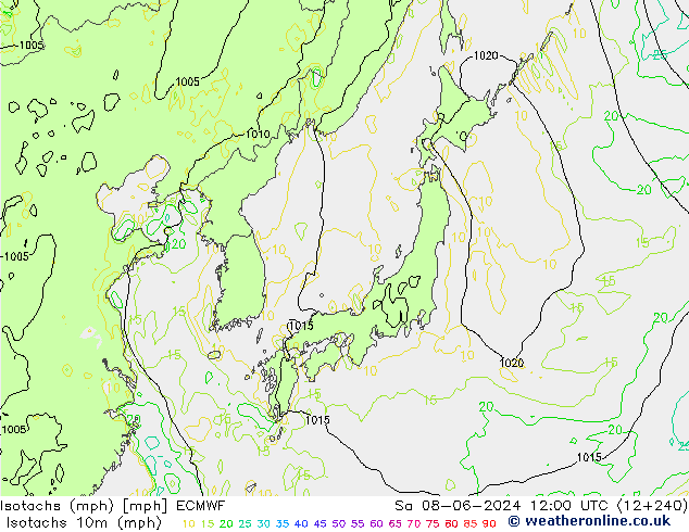 Isotachs (mph) ECMWF Sa 08.06.2024 12 UTC