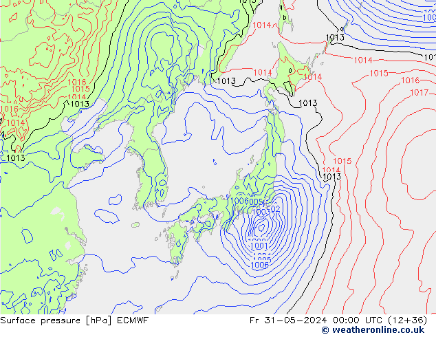 Presión superficial ECMWF vie 31.05.2024 00 UTC