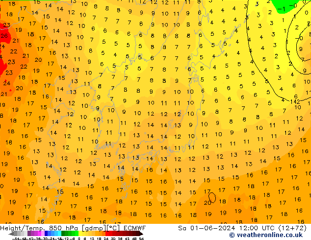 Height/Temp. 850 hPa ECMWF Sa 01.06.2024 12 UTC