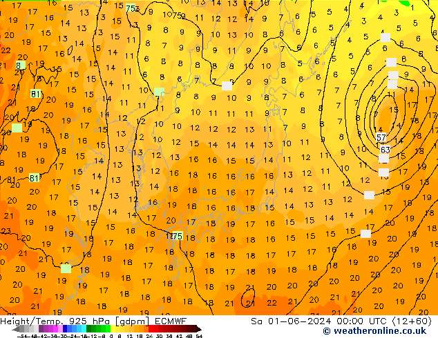 Height/Temp. 925 hPa ECMWF So 01.06.2024 00 UTC